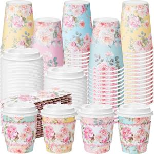 Jingmore 48 Pcs Floral Paper Coffee Cups with Lids and Sleeves Colorful Flower Design Disposable Coffee Cups for Tea Party Wedding Reception Baby Shower Supplies (8 oz)