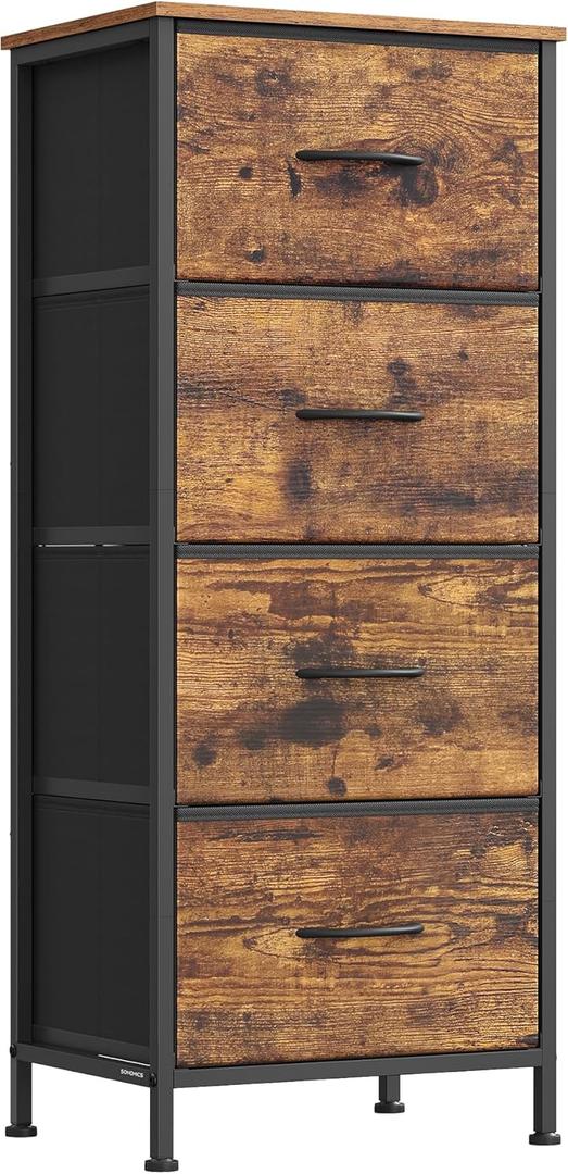 SONGMICS Dresser for Bedroom, Chest of Drawers, Steel, MDF, 4 Non-Woven Fabric Drawers, Storage Organizer Unit, Closet, Entryway, Rustic Brown and Ink Black LGS314B02S