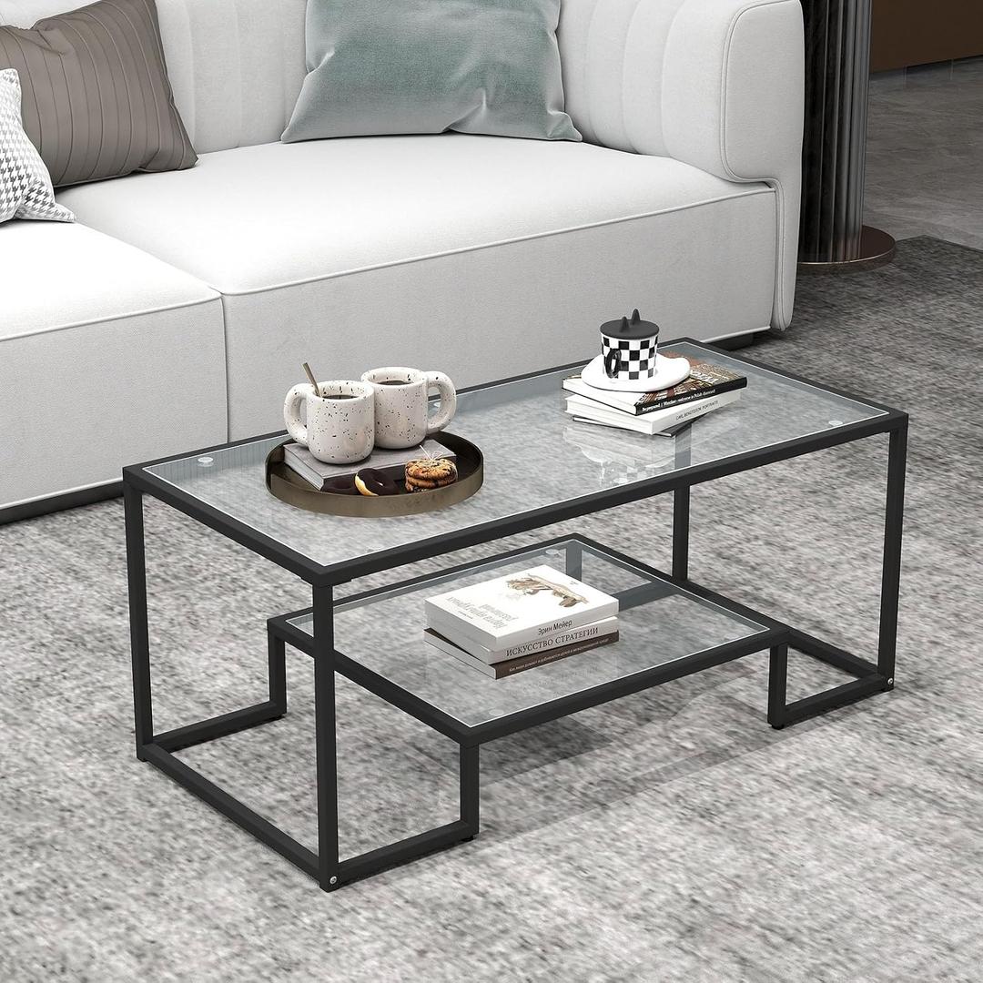 42" Rectangular Glass Coffee Table for Living Room, 2-Tier Center Tea Table with Metal Frame for Small Space, Apartment, Office (Black), 42.5"*19.5"*16.5"