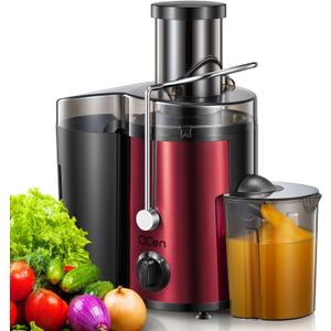 QCen Juicer Machine, 500W Centrifugal Juicer Extractor with Wide Mouth 3 Feed Chute for Fruit Vegetable, Easy to Clean, Stainless Steel, BPA-free (Metallic Red)