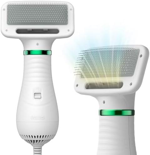 Dog Hair Dryer, 2-in-1 Dog Blow Dryer with Slicker Brush, 300W Pet Hair Dryer for Small and Medium-Sized Dogs and Cats, Dog Grooming Dryer Portable ＆ Adjustable Temperature White