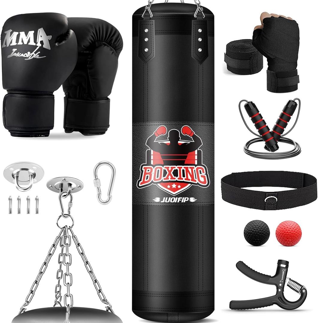 Punching Bag Set for Adults, 4FT Heavy Boxing Bag Set with 12 OZ Boxing Gloves, Suitable for MMA Karate Kickboxing Boxing Muay Thai Training at Home or Gym - Unfilled Heavy Bag (Black)