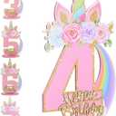 Unicorn 1/2/3/4/5/6/7/8/9th Birthday Number Sign Centerpiece for Girls 11.8 Inch Wooden Table Decoration Unicorn Party Supplies for Kids Anniversary Birthday(Number 4)