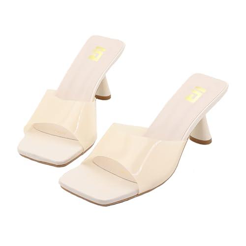 EGEBS Women's Clear Strap Square Toe Stilettos Sandals Slip-on Sexy Jelly Color Comfortable Open Toe High Heels Mules for Summer Party Prom Date Dress Slides (Apricot,8.5) 40