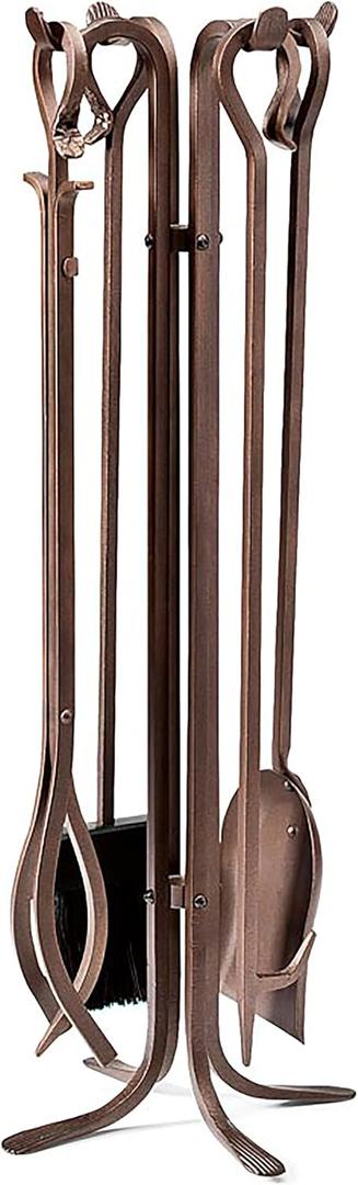 Plow & Hearth 5 Piece Hand Forged Iron Fireplace Tool Set 27.5" | Bronze Wrought Iron Handle for Outdoor Indoor | Stand Poker Shovel Brush Log Tongs Wood Stove Accessory, 13 dia. x 28H