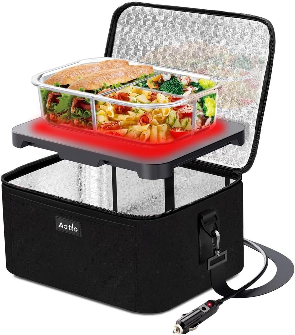 Aotto Heated Lunch Box Food Warmer - 12V/24V 2-in-1 Car Food Warmer with Vehicle Plug - Mini Portable Electric Lunch Box Heater for Men and Women - Reheat & Keep Meals Warm On the Go - Black