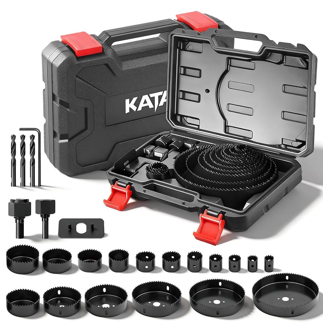 KATA Hole Saw Kit, 24PCS Hole Saw Set with 3/4"-6"(19-152mm) Multi-Size Saw Blades, Precision Hole Saw Drill Bit Kit with Mandrels & Solid Storage Case Cutting for Drywall, Soft Wood, PVC, Plastic (Black)