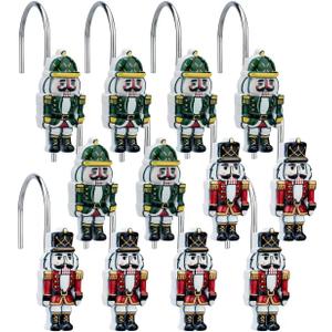 12 Pack Christmas Shower Curtain Hooks - Resin Hand-Painted Nutcracker Design, Red and Green Holiday Shower Rings for Bathroom Decorations