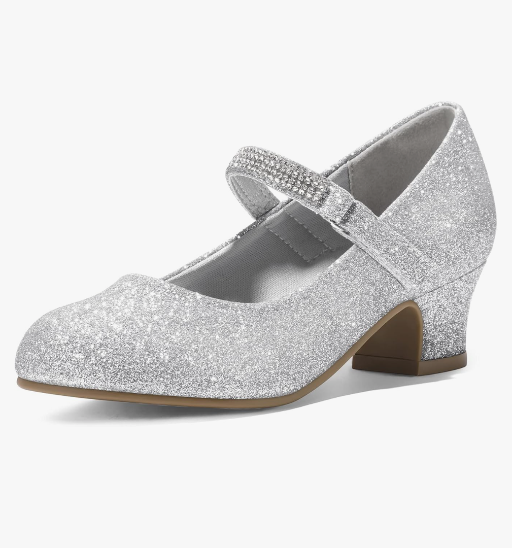 K KomForme Mary Jane Shoes with Low Heel Rhinestones Princess Flats Dress Pump Shoes for Little Kid/Big Kid Silver 3