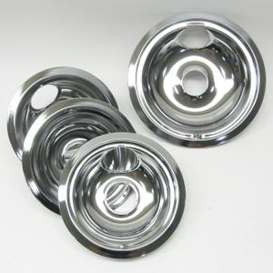 WB314 Range Burner Bibs Chrome Bowls Pans for GE Replaces WB31K10265 PS8754846 AP5791287 AP5791288 Includes 3 of WB31M16 6" Small Bowls and 1 of WB31M15 8" Large Bowl - Chrome Burner Bowl Set