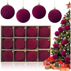 Dark Burgundy Velvet Christmas Ornaments Balls for Christmas Tree Decoration,3.15 inch Deep Red Plastic Balls Xmas Hanging Ornaments Set, Shatterproof Vine Red Flocked Christmas Ornaments for Festive