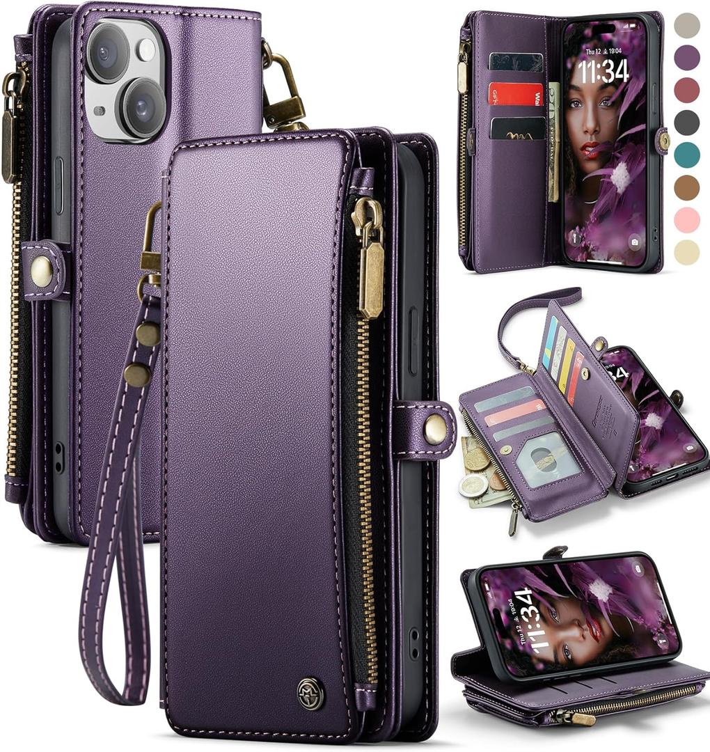 Defencase Compatible with iPhone 14 Plus Case Wallet with RFID Blocking Card Holder for Women Men, Soft PU Leather Magnetic Snap Flip Zipper Strap Wallet Phone Case Fit for iPhone 14 Plus 6.7", Purple