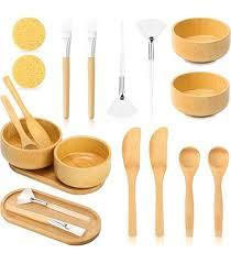 12 Pcs Bamboo Esthetician Supplies Face Mask Mixing Bowls  Fan Brushes Esthetician  Flat Facial Brushes  Mask Spatulas  Facial Cream Spoons Skincare Trays  Round Compressed Facial Sponges