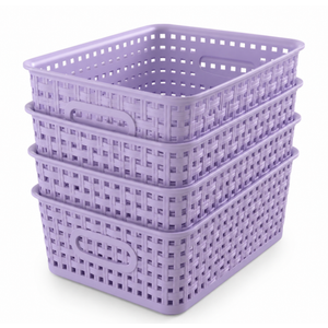 WYT 4-Pack Plastic Small Shelf Storage Weave Baskets Organizing for Cabinets and Pantries, Lavander 
Purple