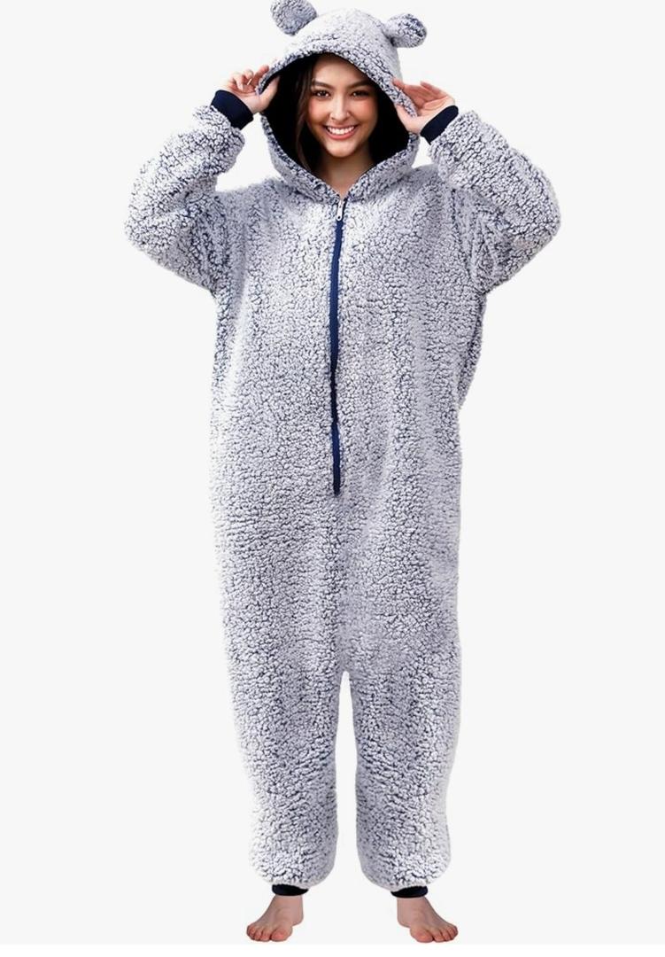 Womens Fluffy Bear Onesie Pajamas,Shu Velveteen Warm Cozy Christmas Pjs Sleepwear Romper Jumpsuit Zipper with Pocket Size Large