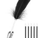 PATIKIL Black Feather Ballpoint Pens Bulk, Metal Holder Black Ink Vintage Quill Writing Pens with 5Pcs Refill for Office, Wedding Signature, Silver