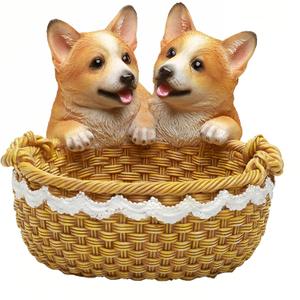 Lifelike Corgi Statue Resin Dog Figurine in Basket, Cute Puppy Animal Sculpture for Home Garden Decor, Weather-Resistant Outdoor Patio Yard Ornament, Unique Gifts for Corgi Lovers and Dog Moms