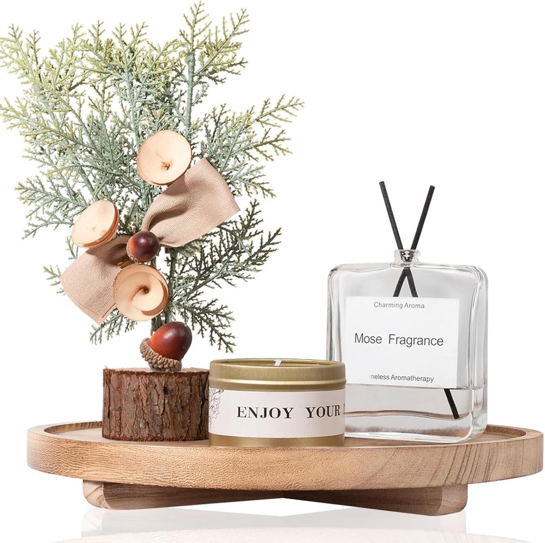 Round Decorative Tray Wood Bathroom Counter Organizer Farmhouse Kitchen Decor Wooden Riser for Soap Dish, Perfume, Candle, Sponge, 11" - Brown