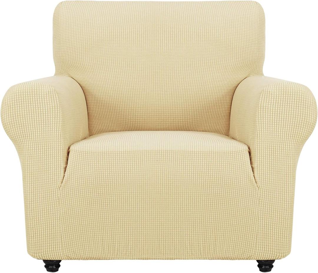 ZNSAYOTX Super Stretch Chair Slipcover Universal Sofa Chair Covers for Living Room Dogs Pet Furniture Protector Spandex Armchair Slipcovers with Anti Slip Foam Sticks (Beige, Chair) (Small (30"-47"))