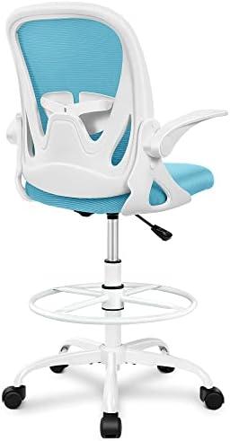 Primy Drafting Chair Tall Office Chair with Flip-up Armrests Executive Ergonomic Computer Standing Desk Chair with Lumbar Support and Adjustable Footrest Ring（Blue）