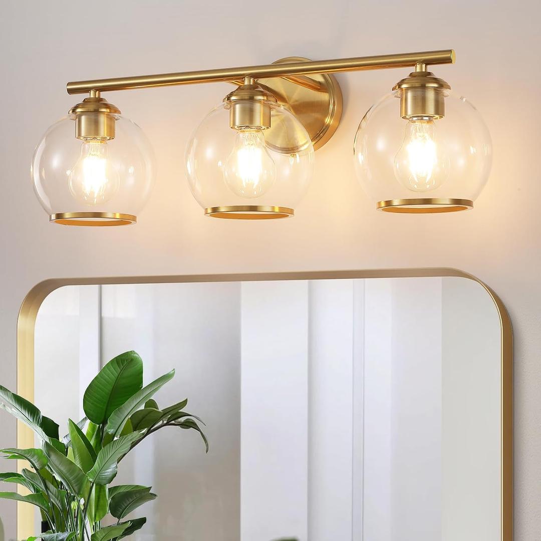 Mecgirn Brushed Gold Bathroom Vanity Light Over Mirror, 3 Light Bathroom Light Fixtures with Clear Globe Glass Shade, Modern Vanity Lighting Wall Mounted