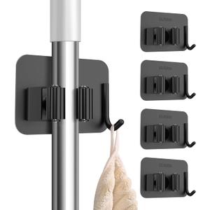 Nacena 4 Pack No Drill Self Adhesive Broom Mop Holder Wall Mount with Hooks, Heavy Duty Stainless Steel Organizer for Kitchen Bathroom Garage Storage, Black