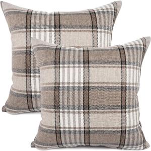 YOUR SMILE Set of 2 Retro Farmhouse Outdoor/Indoor Buffalo Tartan Chequer Stripe Plaid Cotton Linen Decorative Throw Pillow Case Cushion Cover Pillowcase for Sofa Chair,Brown, 20x20inch