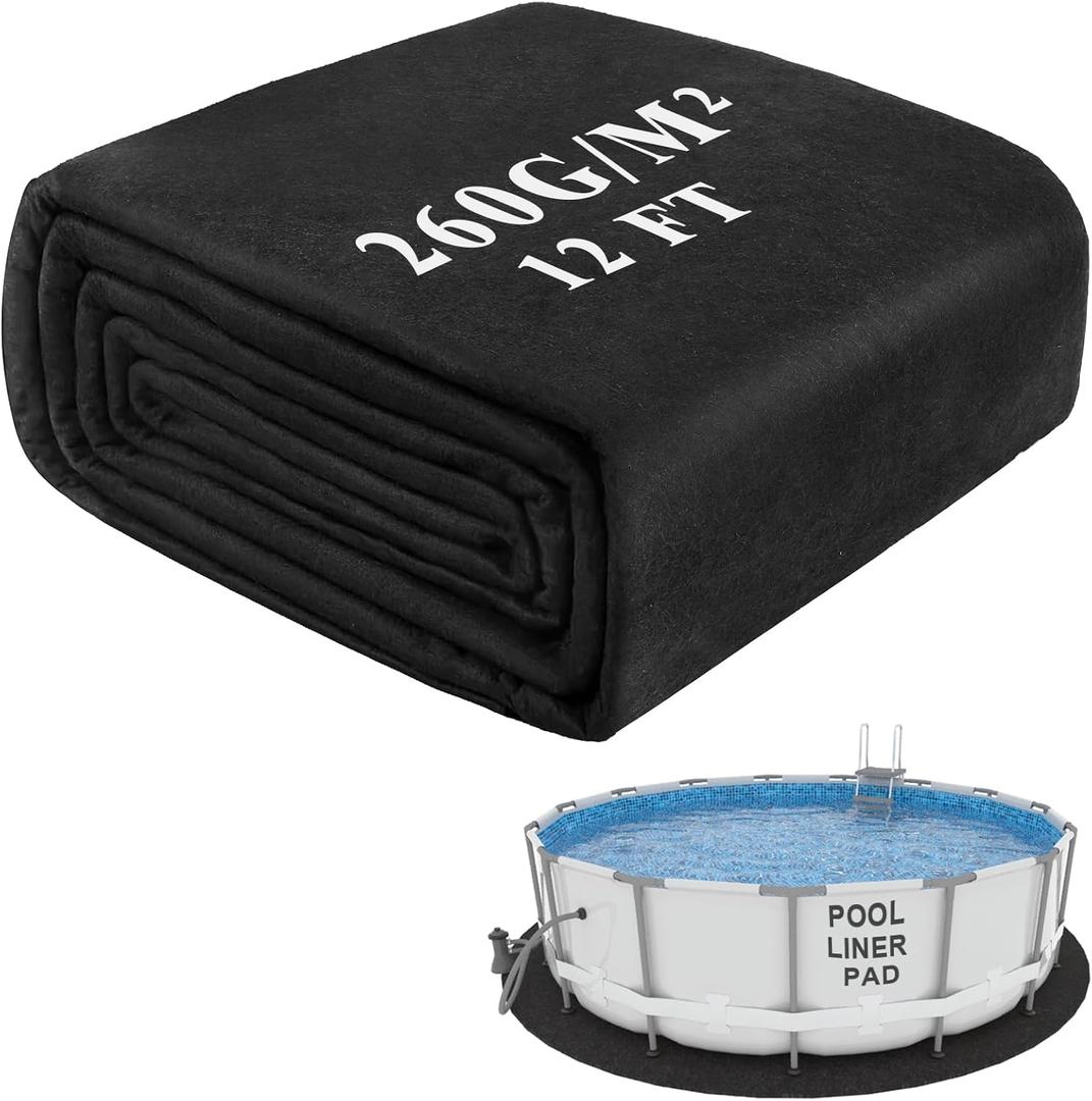 Pool Liner Pad, 12 Foot Round Pool Pads for Above Ground Pool, 260G/M Thicke Seamless Comfort, Double Density Puncture Resistant Swimming Pool Mats For Floor Can Extend The Life of Pool Liner (Black)