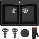 KRAUS Forteza 33-inch Drop in/Undermount 50/50 Double Bowl Granite Kitchen Sink in Black, KGD-52BLACK
