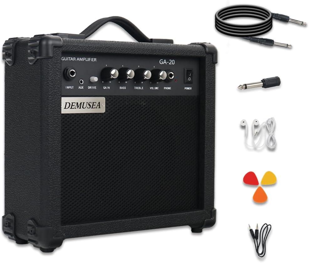 Electric Guitar Amplifier 20w Guitar Amp Practice Small Portable Travel Headphone Aux Distortion Gain Treble Bass Volume Jack with 3m Noiseless Cable Adapter Picks Aux Cable Earphone(BK) (Black)