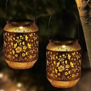 2 Pack Butterfly Swarm Solar Lanterns Outdoor Waterproof Birthdays Gifts for Women Mom Grandma Metal Hanging Hollow Out Garden Decorative Solar LED Light for Yard, Patio, Lawn, Porch, Backyard