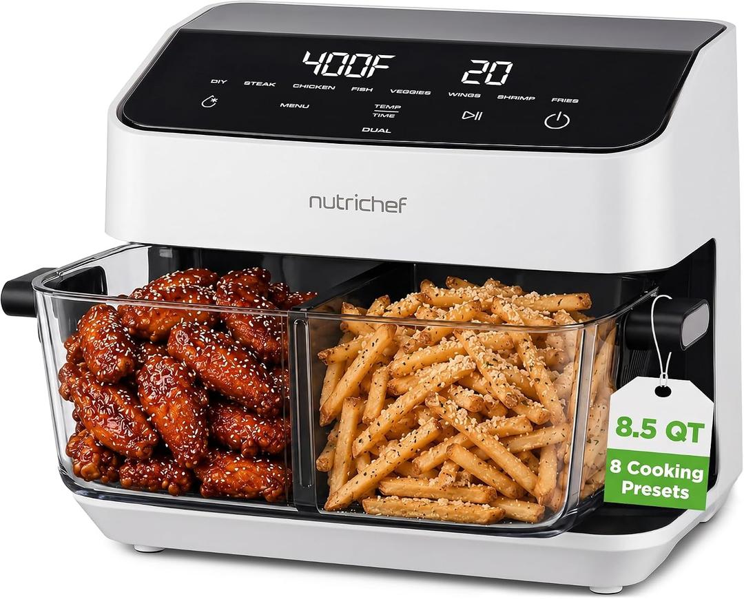 NutriChef 8.5 Quart Family Size Double Glass Basket Air Fryer | 8-in-1 Preset Dual Cook Modes | Glass Fry Bowls for Best Cooking | Cook Steak, Fries & More | Adjustable Temperature & Timer | White, 8.5QT