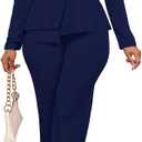 Aro Lora Women 2 Piece Outfits Casual Long Sleeve Irregular Hem Slit Top Pant Set Dressy Pantsuits XX-Large Navy Blue