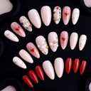 24Pcs Valentines Press on Nails Almond Medium Fake Nails with Heart Rhinestone Pearl Design Handmade Acrylic Nails Press ons Heart False Nails Full Cover Holiday Glue on Nail for Women Valentines Nail