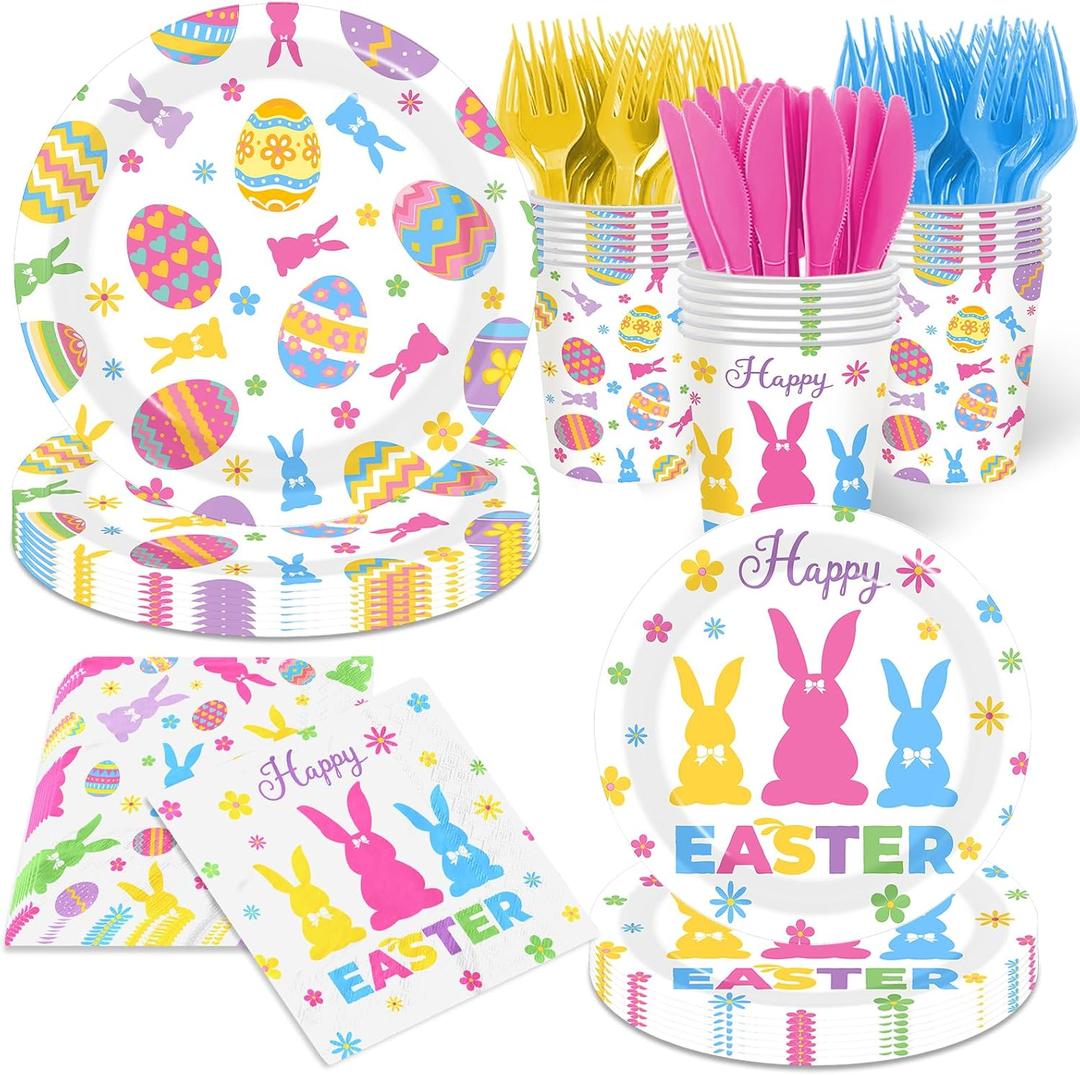 Happy Easter Plates and Napkins Set with Colorful Bunny Eggs and Daisy, Easter Party Decorations Disposable Bunny Paper Dinnerware Set for Spring Holiday Birthday Party Baby Shower, Serve 24