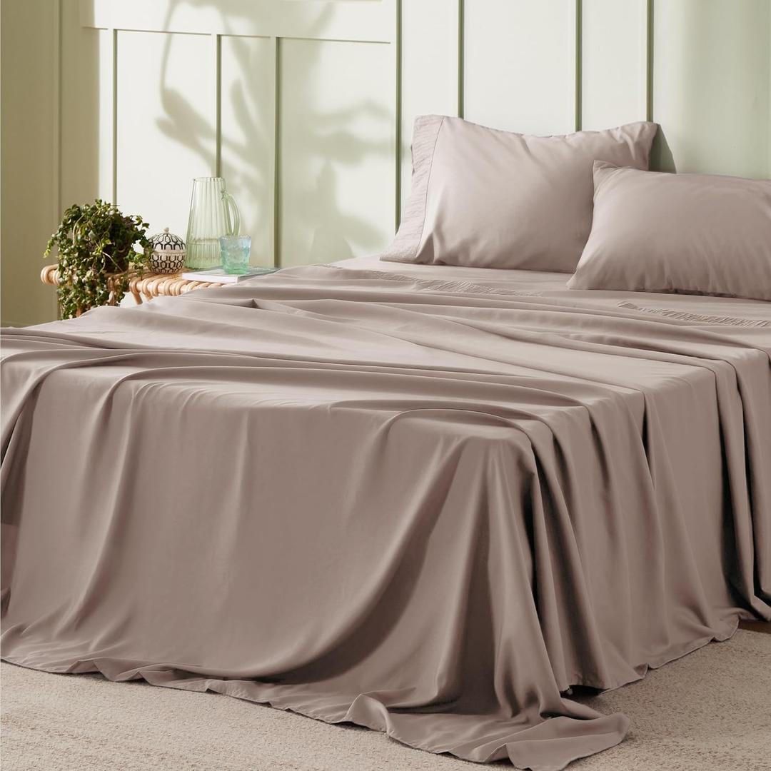 Bedsure Queen Sheet Set - 4 Pieces Soft Queen Size Sheets - Breathable & Cooling - Hotel Luxury - Easy Care Polyester Microfiber Bedding for Women, Men, Khaki