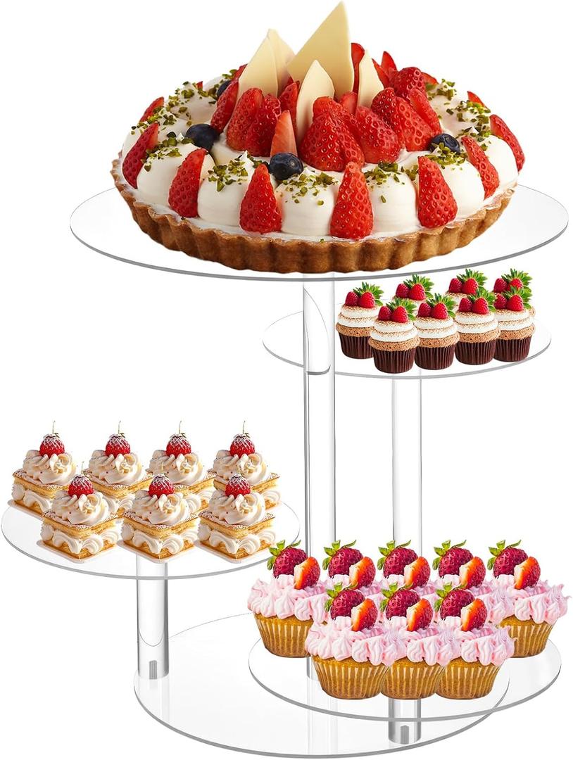 4 Tier Acrylic Round Cake & Cupcake Stand Combo, Clear Tiered Cupcake Tower Stands for 50 Cupcakes, Cake Display Tree Stand for Wedding Birthday Party