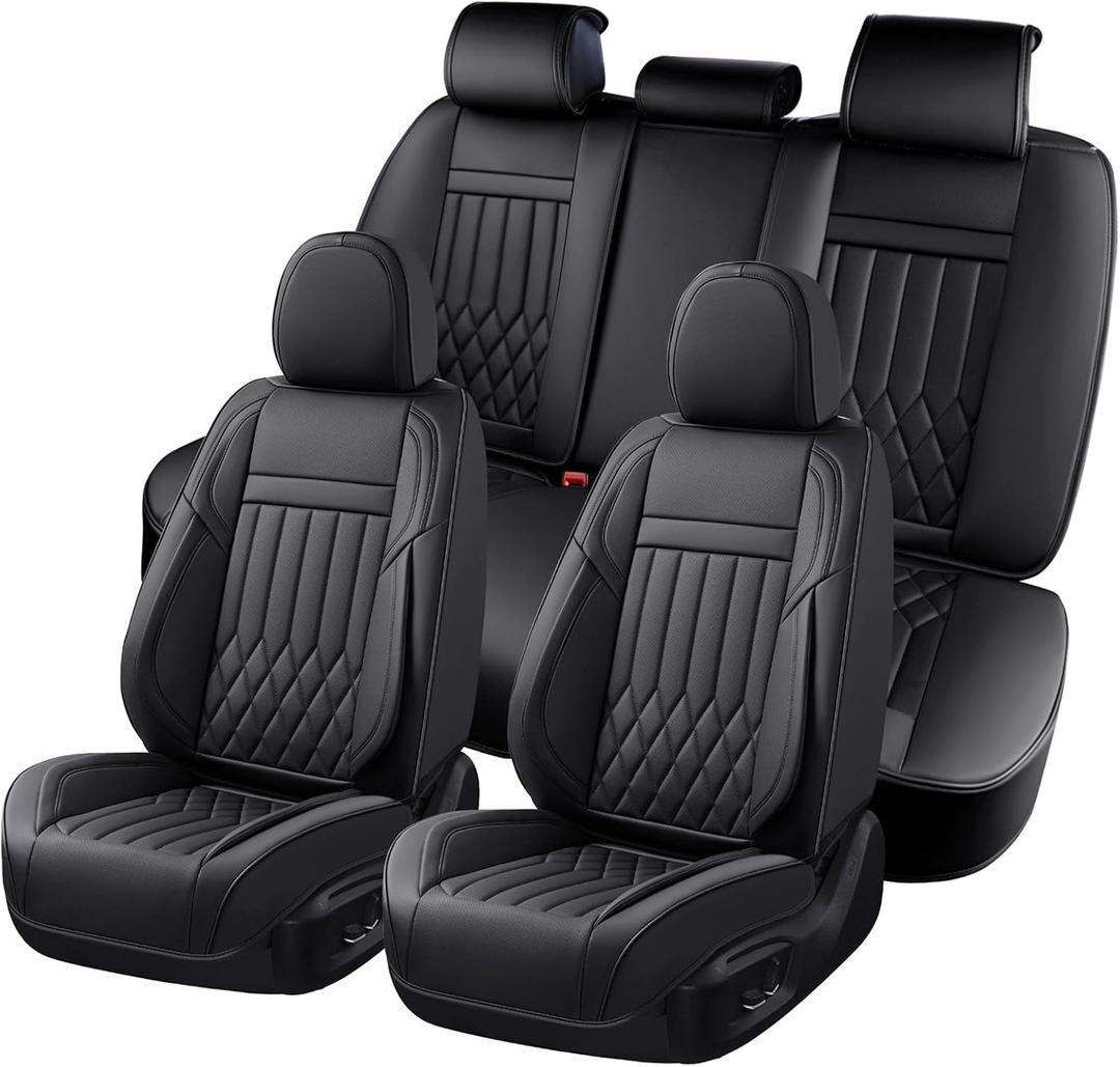 KEYOOG Car Seat Covers Leather Full Set Universal 5-Seater Waterproof Breathable Nappa, Compatible with Honda Civic, Toyota Camry Corolla, Nissan Rogue Sentra, Fit for Front Rear Seats Most Sedans SUV