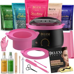 Premium All-in-one Waxing Kit for Women | Salon Quality 5-Pack Hard Wax Beads For Brows, Bikini, Legs, & More + Silicone Wax Kit Accessories (1.46 Ounce (Pack of 41))