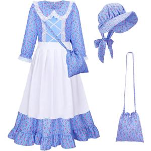 Meland Pioneer Dress for Girls, Colonial Floral Costume with Bonnet Apron & Purse, Dress Up Clothes for Girls Ages  11-13