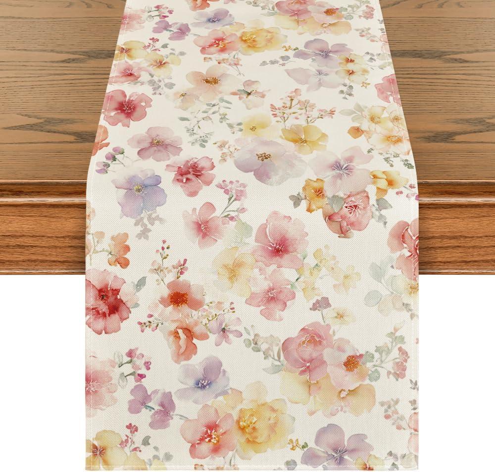 Artoid Mode Watercolor Floral 210 GSM Spring Table Runner, Seasonal Summer Kitchen Dining Table Decoration for Home Party Decor 13x108 Inch