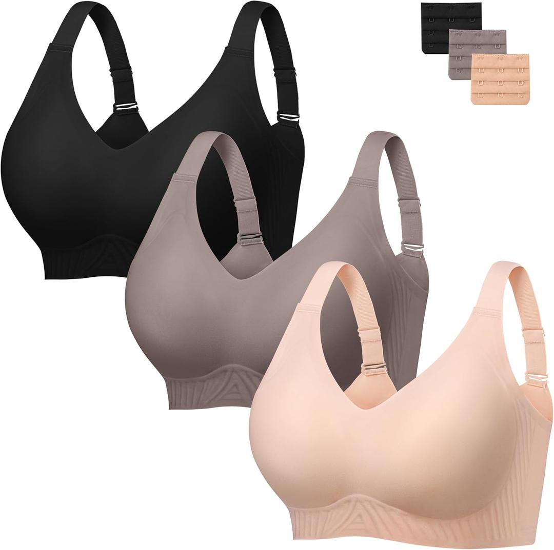 habibee Push Up Bras for Women Plus Size Wireless Full Coverage Bra for Large Breast, Seamless Everyday Bralette 32D-44D (Medium, Black+coffee+nude)
