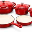 QuliMetal 5-Piece Red Enameled Cast Iron Cookware Set | Includes 8" frying pan, 10" skillet, 2.8QT and 3.5QT Dutch ovens, and 4.7QT casserole., Red 5PC-F
