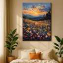 Framed Sunset Wildflower Field Canvas Wall Art Floral Landscape Painting for Living Room Gallery Style Nature Poster Print Botanical Picture Painting Artwork 16x24 Inch Ready to Hang