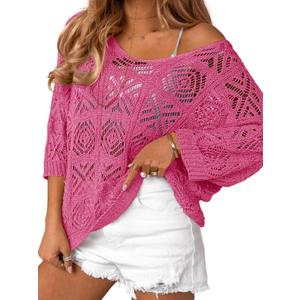 Saodimallsu Womens Crochet Cover Up Top Summer 3/4 Sleeve Off Shoulder Sweater Shirts Mesh Boho Beach Swimsuit Coverup (Pink, M)