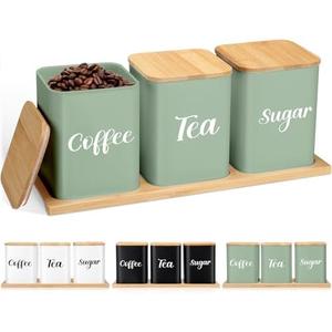 Tioncy Coffee Tea Sugar Container with Tray Set of 3 Airtight Metal Canister with Bamboo Lid Tray for Kitchen Counter Dining Room Farm House Kitchen Style Drink Station Organizer Set (Sage Green)