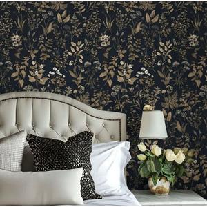 2 x Dimoon 78.7"x17.3" Vintage Wallpaper Boho Floral Peel and Stick Wallpaper Dark Black Gold Contact Paper Flower Removable Wall Paper Renter Friendly Stick on Kitchen Bathroom Self Adhesive Vinyl