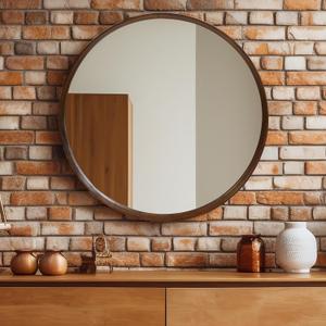 Round Wood Frame Mirror 28 Inch, Brown Wall Circle Mirror for Bathroom, Nursery, and Wall Decor
