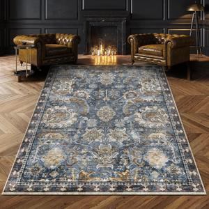 RUGSURE Washable Area Rugs - Perfect for Living Room, Bedroom, Kids Room, Nursery - Stain & Water Resistant Non-Slip, Pet & Child Friendly, Vintage Tribal Area Rugs (Navy, 9' x 12')