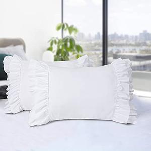 HIG Pack of 2 Farmhouse Ruffle Pillow Shams, Standard Size White French Country Style Vintage Pillowcases with Handcraft Ruffle, Boho Frilly Pillow Shams for Bedroom, Microfiber, 20" X 26" (Emory)